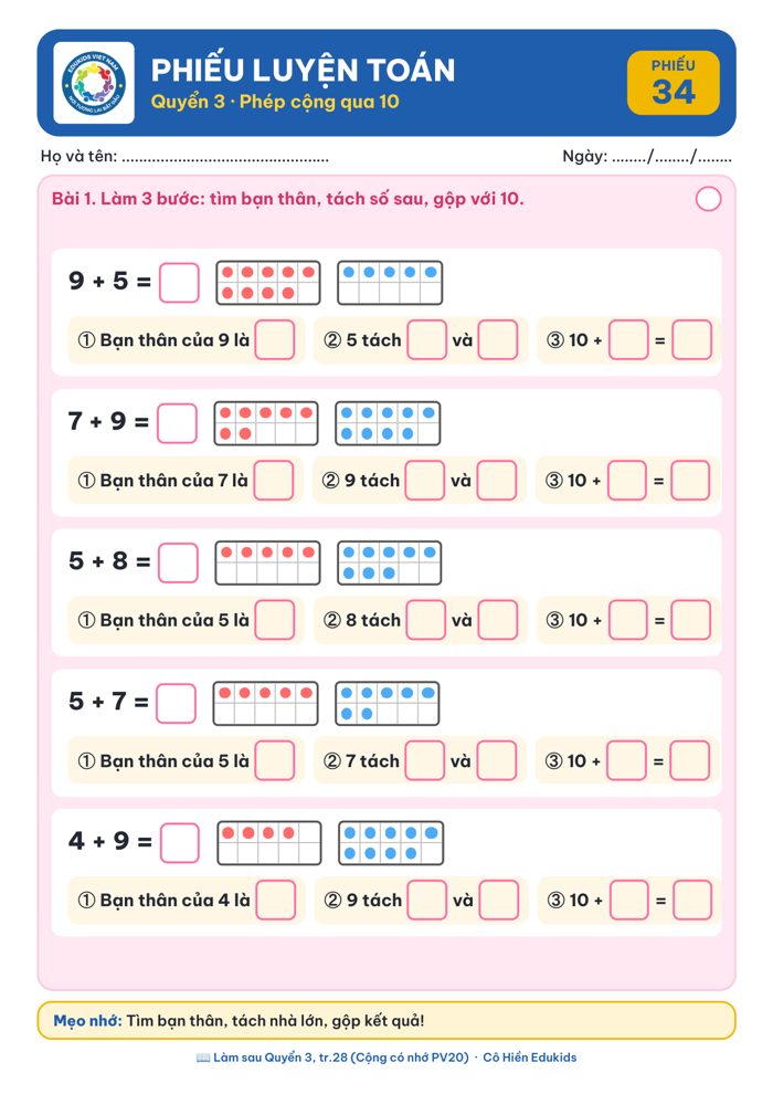 Phiếu 34: phép cộng qua 10