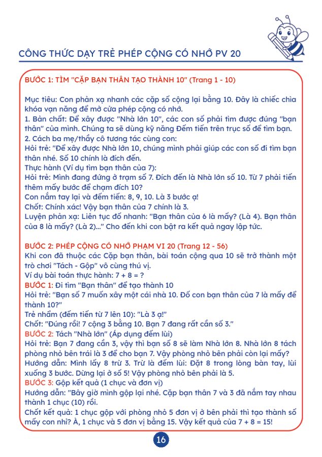 Trang Công thức dạy trẻ phép cộng có nhớ phạm vi 20 trong Tập 3, có câu hỏi mẫu cho ba mẹ
